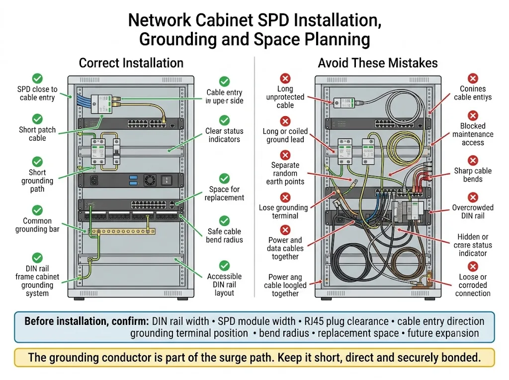 Network cabinet SPD installation grounding and DIN rail space planning