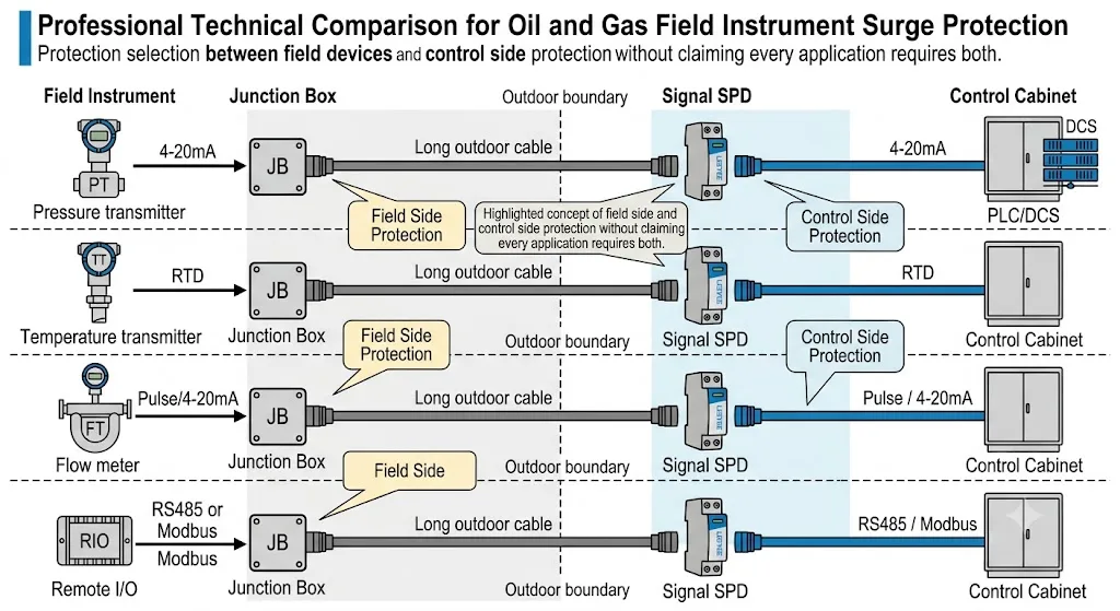 Surge protection selection comparison for oil and gas field instruments and signal interfaces