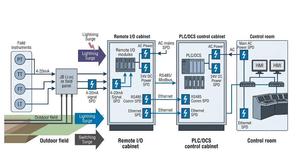 Oil and gas facility surge protection architecture showing field instruments, control cabinets and PLC DCS protection points