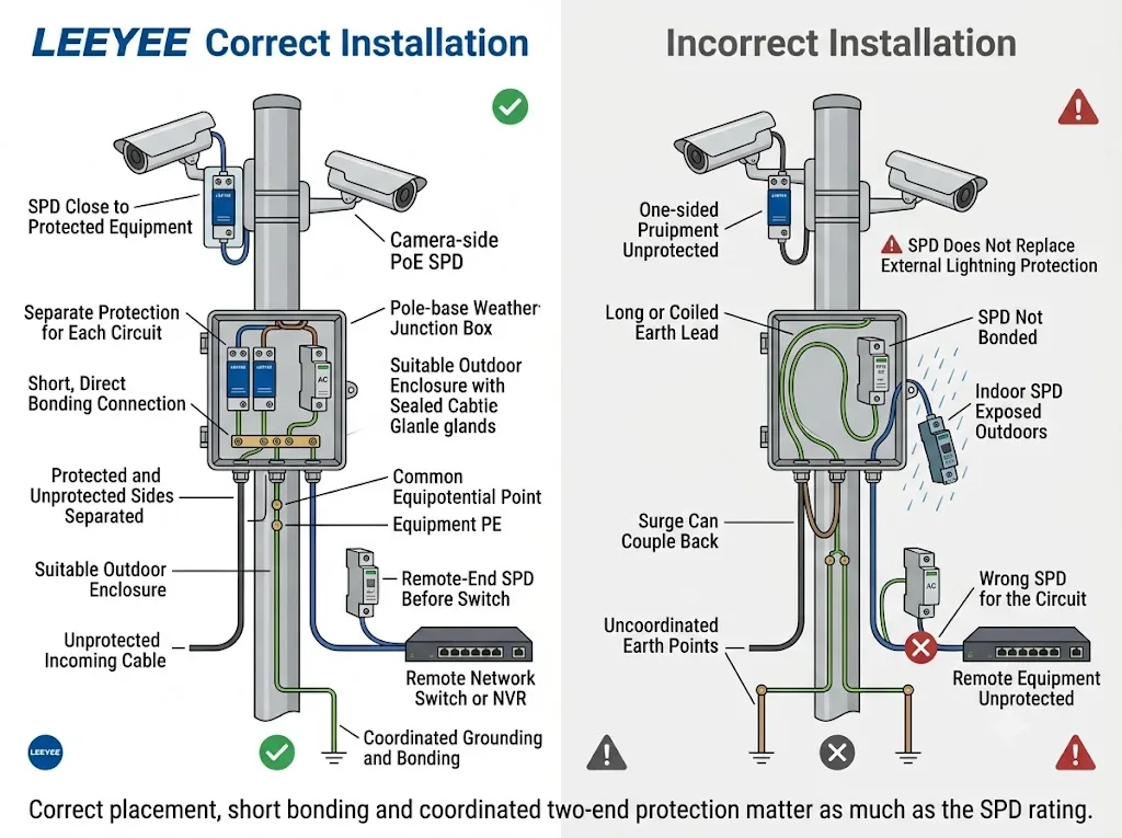 Correct and incorrect outdoor CCTV pole SPD installation showing grounding, cable separation and two-end protection
