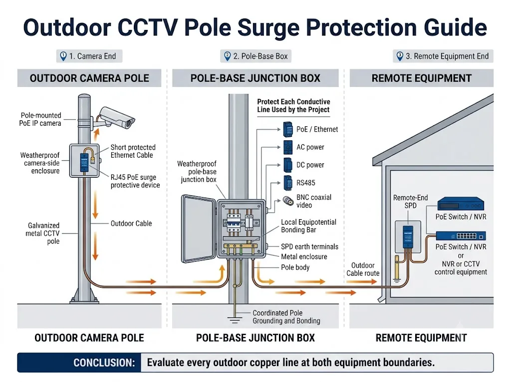 Outdoor CCTV pole surge protection architecture showing camera-side, pole-base and remote-end SPD locations