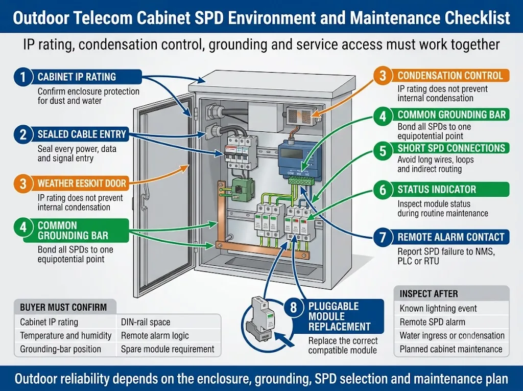 Outdoor telecom cabinet SPD grounding condensation remote alarm and maintenance checklist