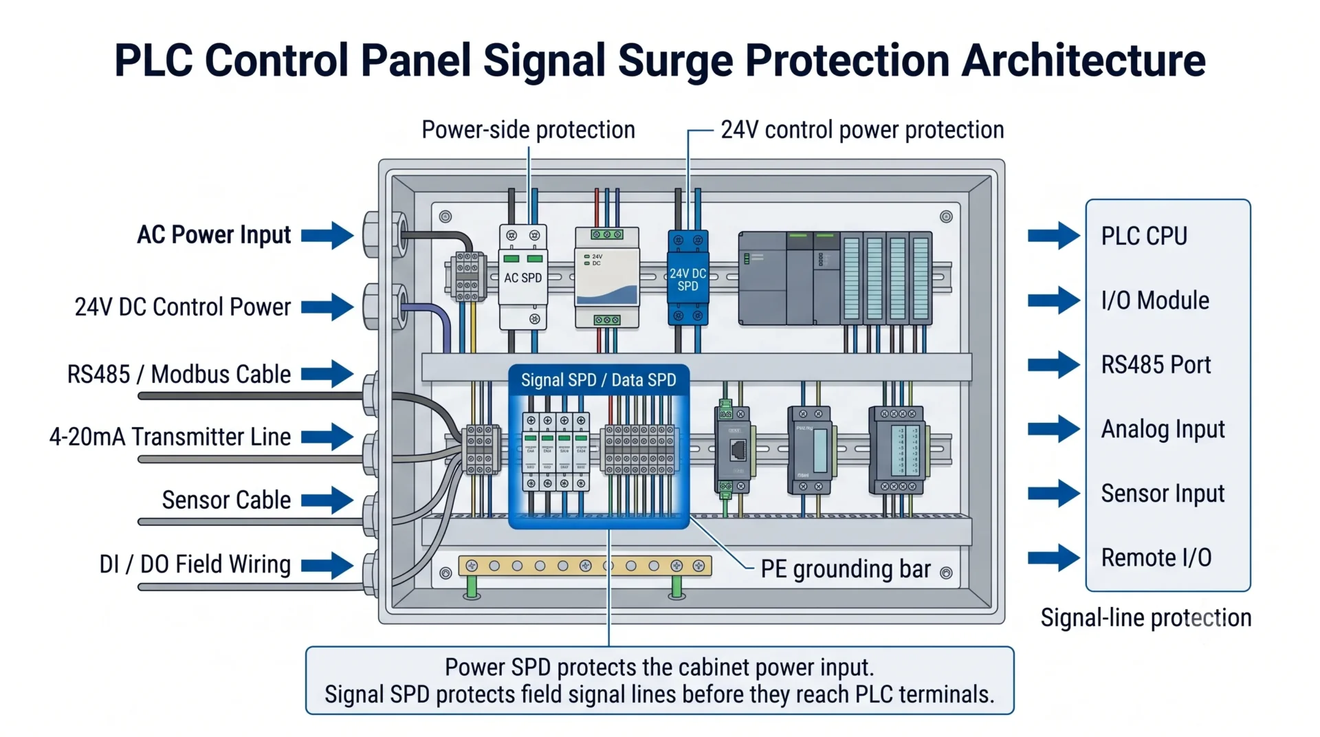 PLC control panel signal surge protection architecture for AC power 24VDC control power RS485 sensor and I O lines