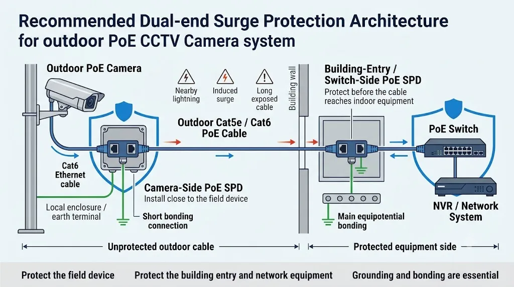 Dual-end PoE surge protection architecture for an outdoor CCTV camera and network switch