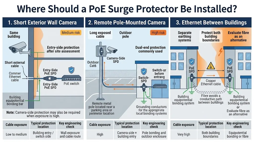 PoE surge protector placement for wall-mounted, pole-mounted and inter-building CCTV installations