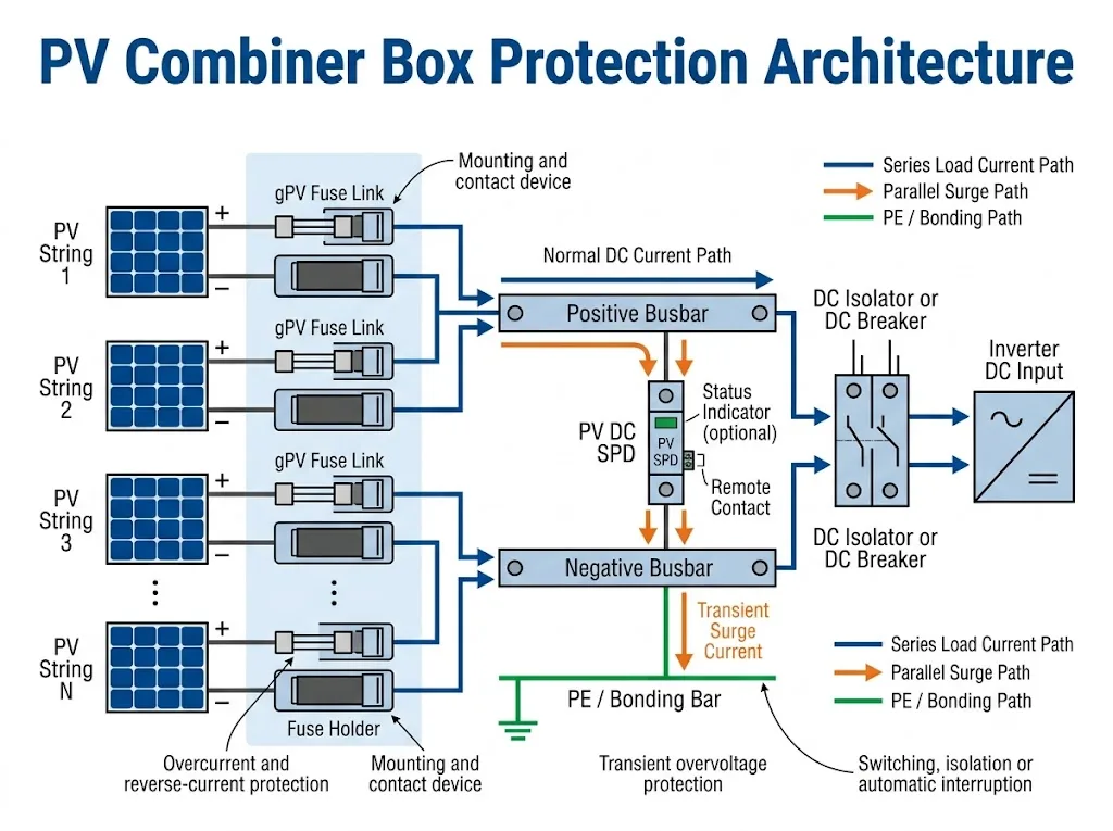 PV combiner box architecture showing fuse links, fuse holders, DC SPD, DC isolator or breaker, busbars, PE bonding and inverter connections