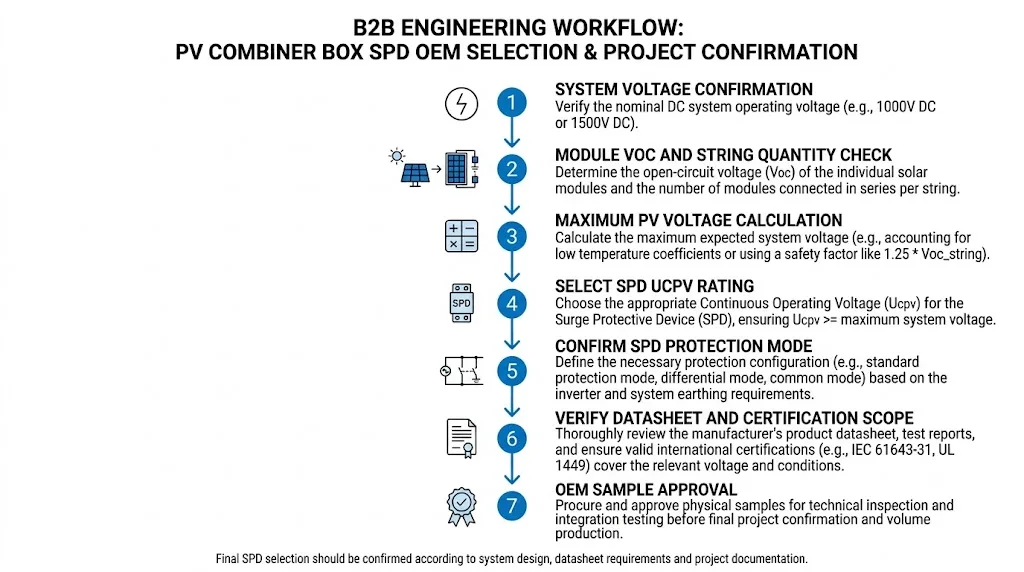 PV combiner box SPD verification workflow covering system voltage, module Voc, maximum PV voltage, protection mode, datasheet review and final approval