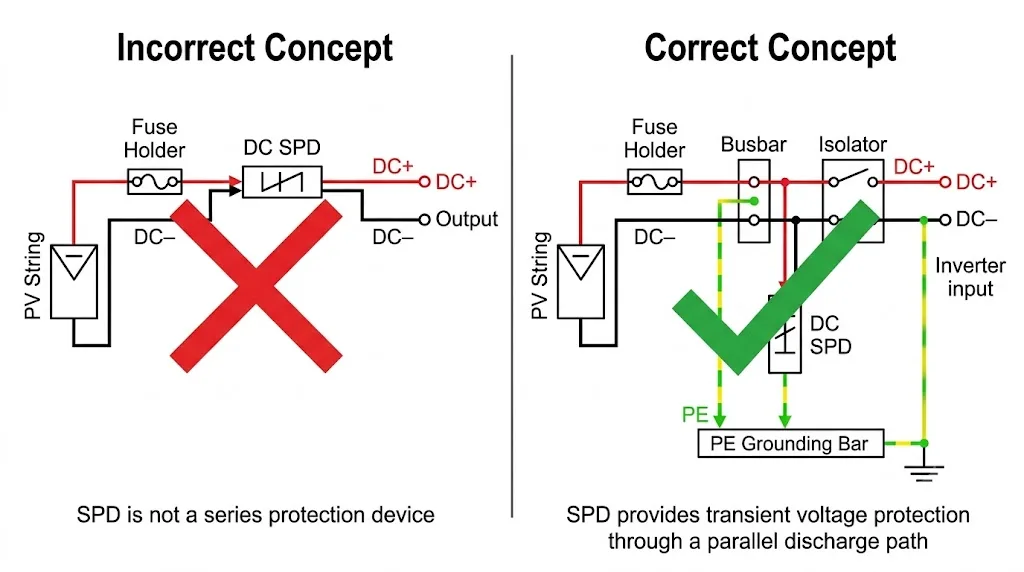 Correct and incorrect PV combiner box SPD positions comparing a mistaken series connection with the correct parallel connection to DC conductors and PE