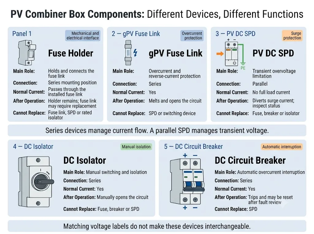 Comparison of PV fuse holder, gPV fuse link, DC SPD, DC isolator and DC circuit breaker functions