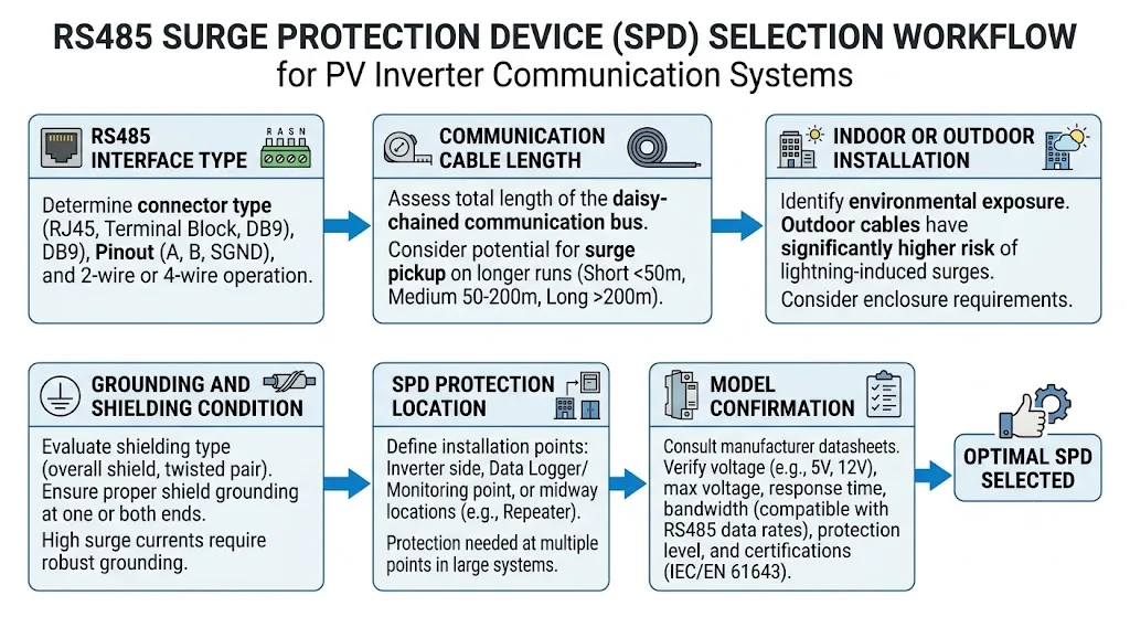 Decision workflow for choosing inverter-side logger-side or both-end RS485 SPD installation in a PV system