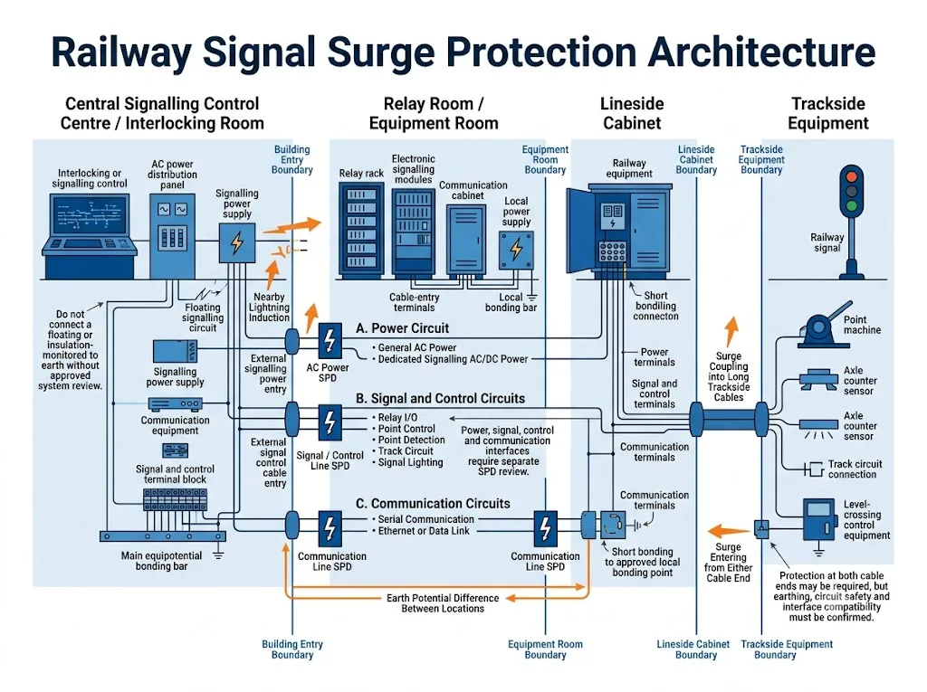 Railway signal surge protection architecture from control centre to trackside equipment