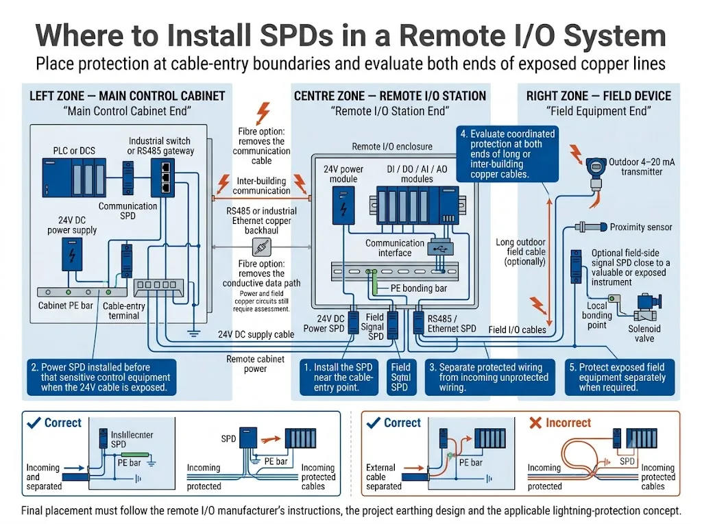 SPD installation positions at the control cabinet, remote I/O station and field device