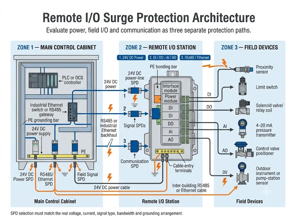 Remote I/O surge protection architecture for 24V DC power, field I/O and industrial communication