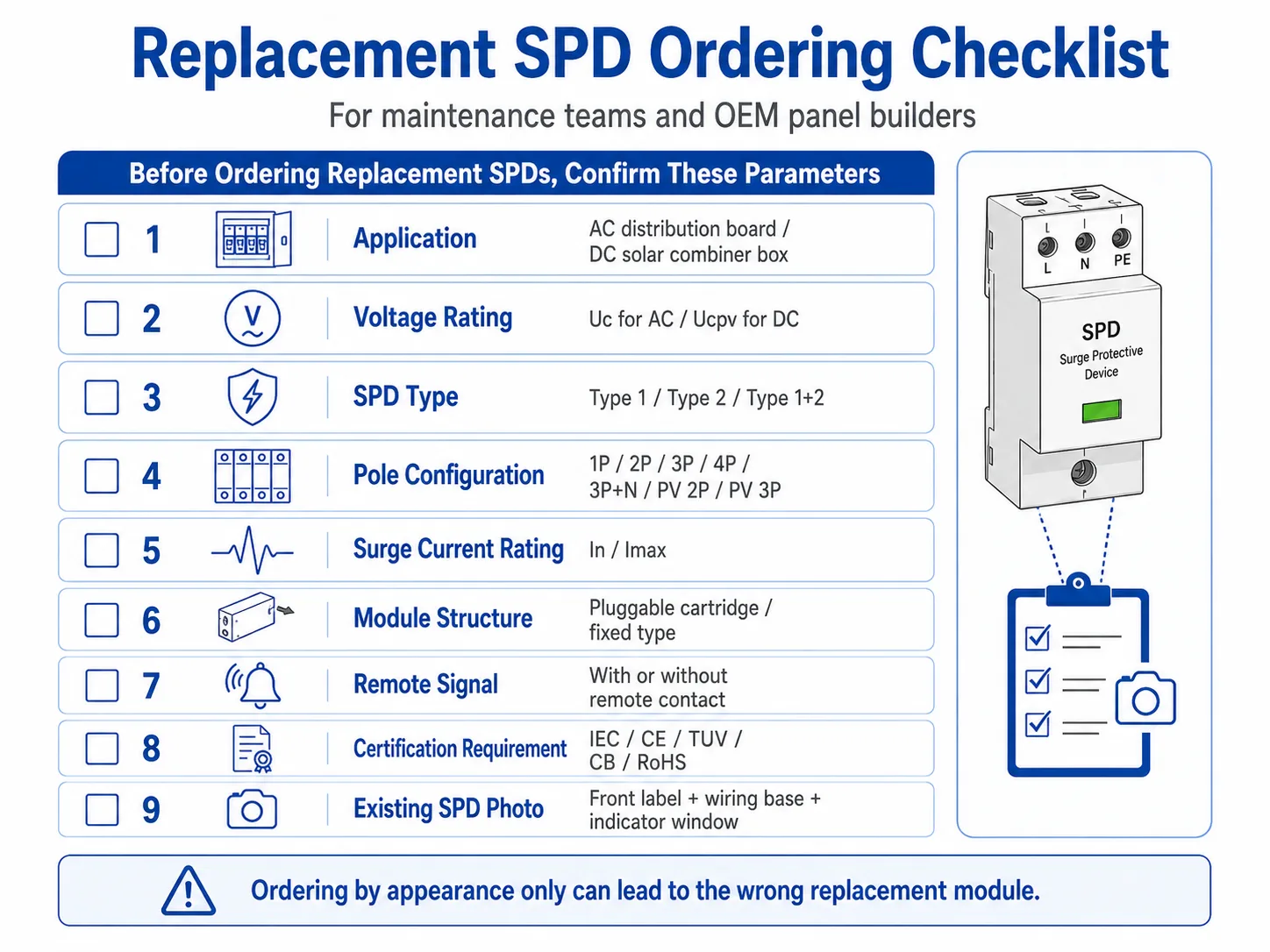 Replacement SPD ordering checklist for maintenance teams and OEM panel builders
