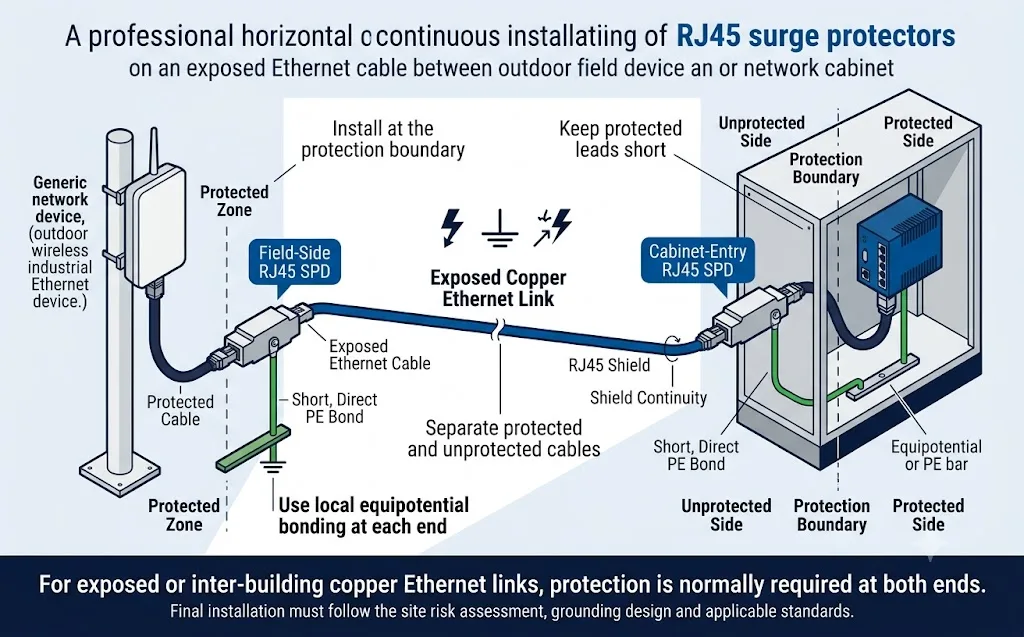 RJ45 surge protector installation and grounding at the field device and network cabinet entry