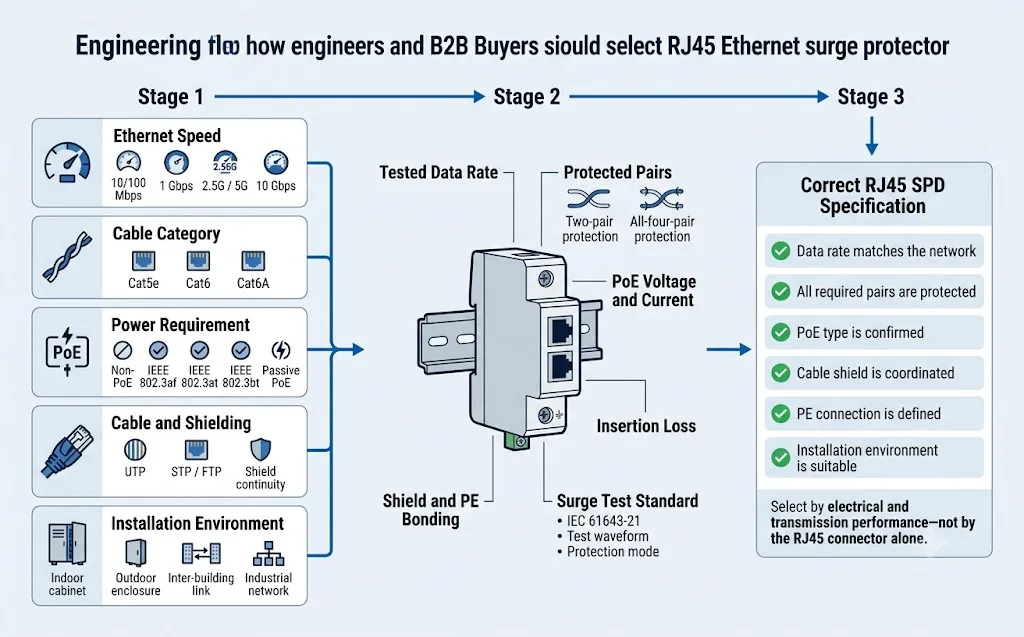 RJ45 surge protector selection architecture for Ethernet speed, cable category, PoE, shielding and grounding