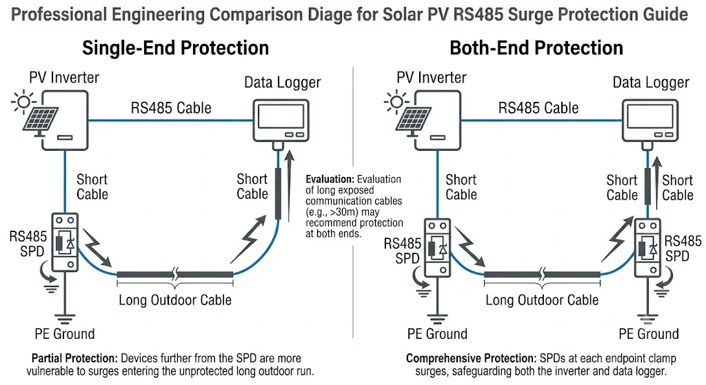 Single-end versus both-end RS485 SPD installation comparison between a PV inverter and data logger