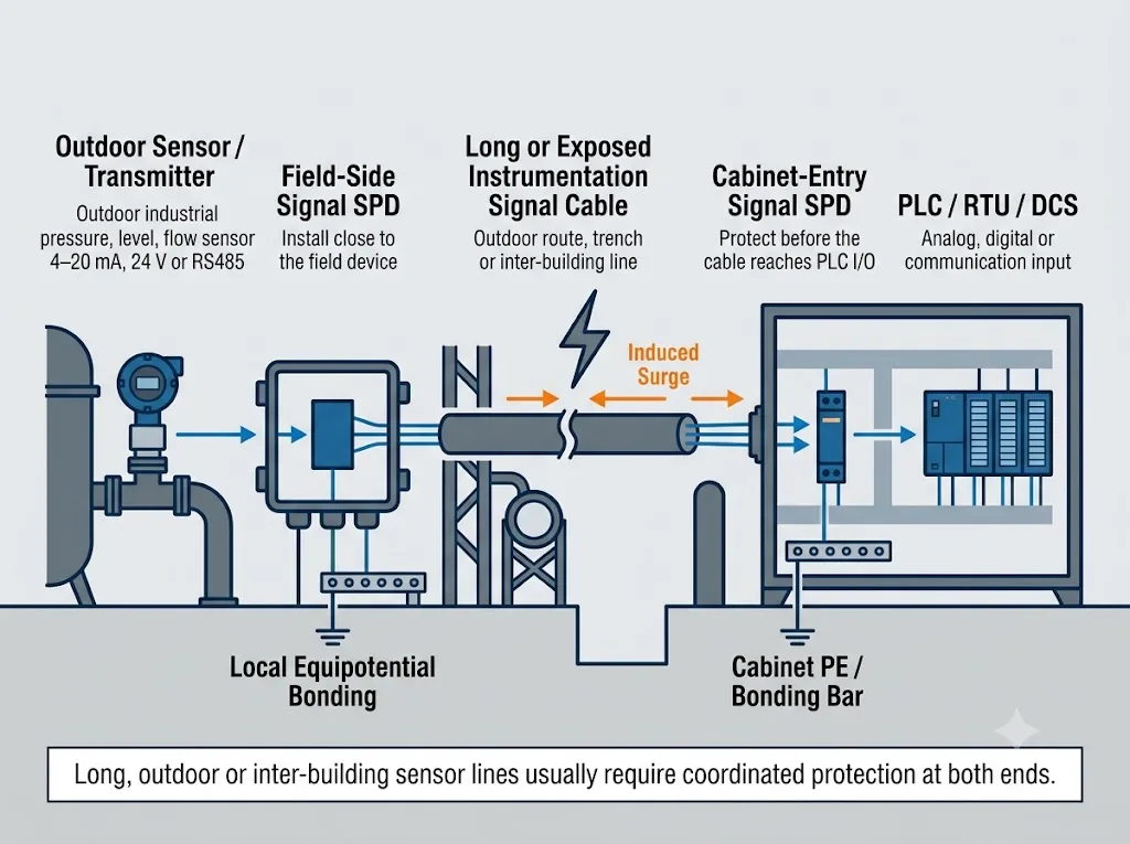 Sensor line surge protection architecture with field-side and control-cabinet SPDs