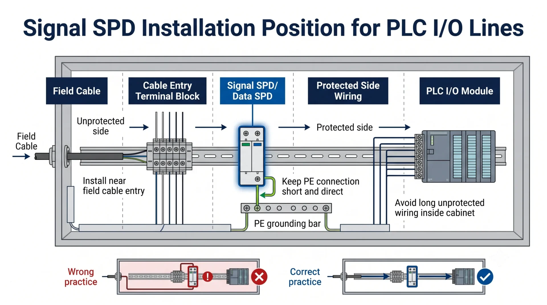 Signal SPD installation position for PLC I O lines at field cable entry inside an industrial control panel