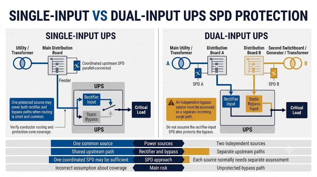 Comparison of SPD protection for single-input and dual-input UPS systems