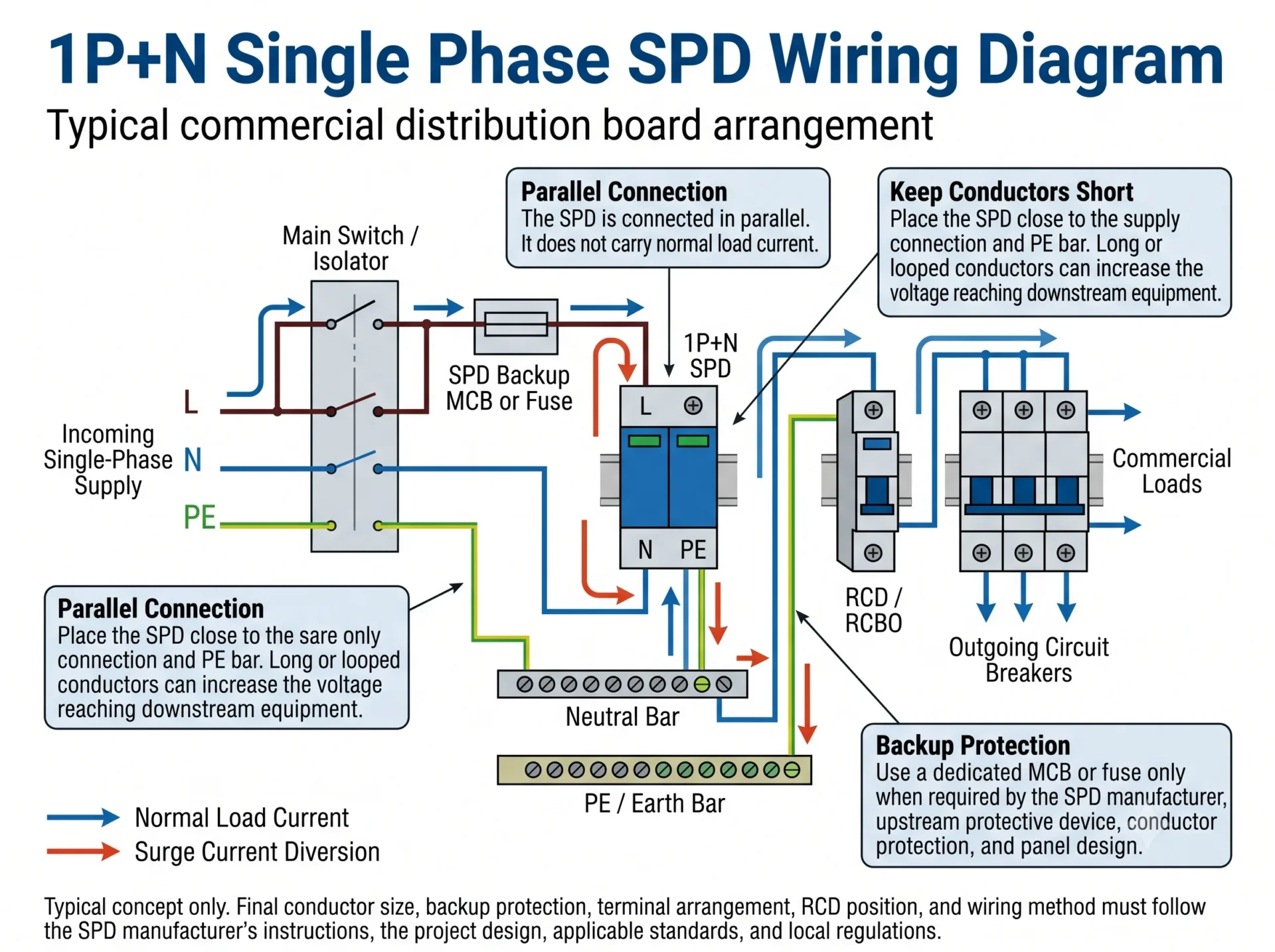 1P+N single phase SPD wiring diagram showing L N PE backup MCB RCD and commercial distribution board connections