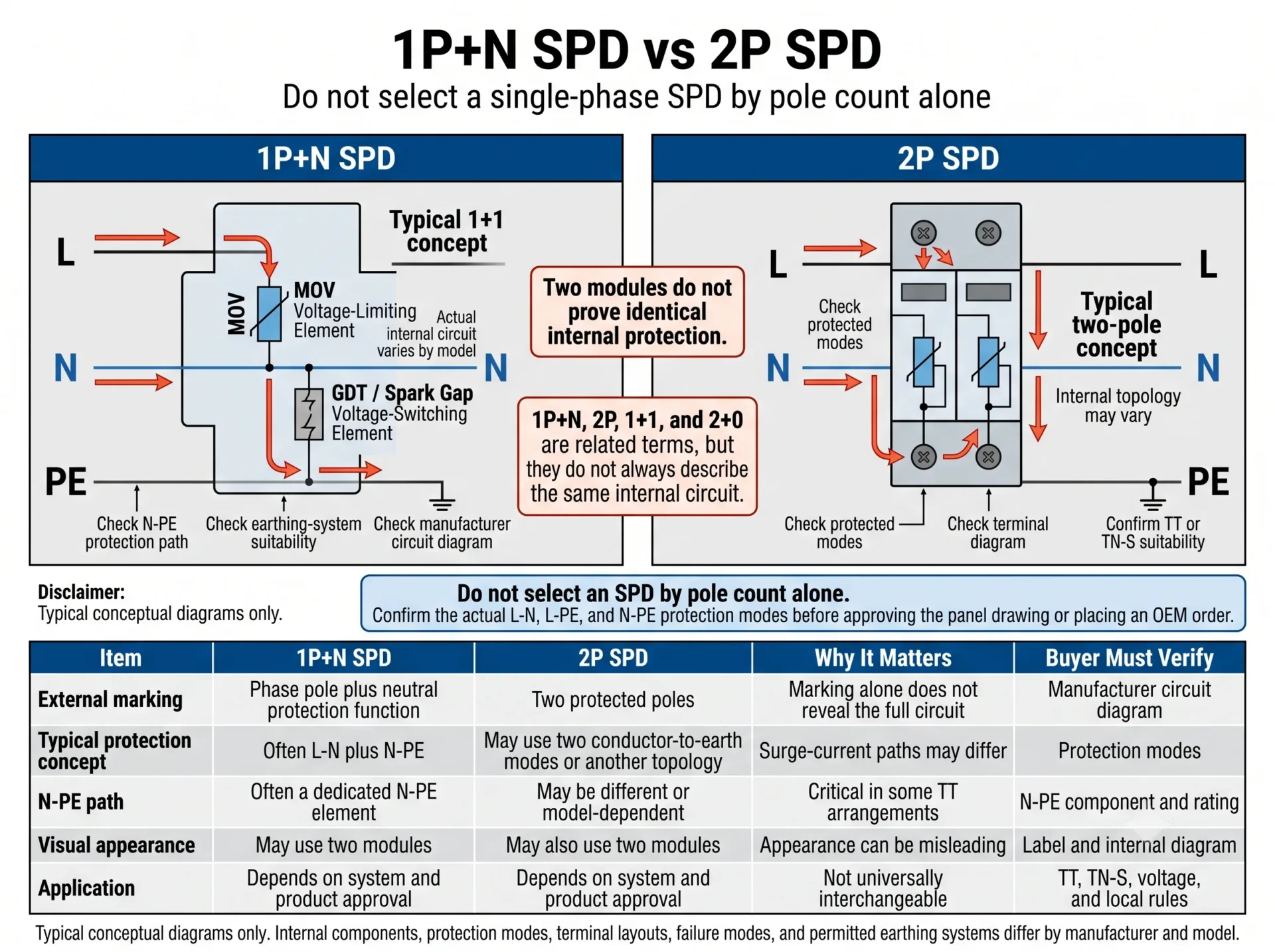 1P+N SPD versus 2P SPD internal protection topology and wiring comparison for single phase distribution boards