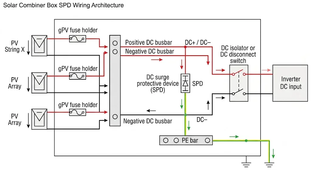 Solar combiner box SPD wiring architecture showing PV strings, fuse holders, DC busbars, parallel DC SPD branch, isolator, PE bar and inverter connection