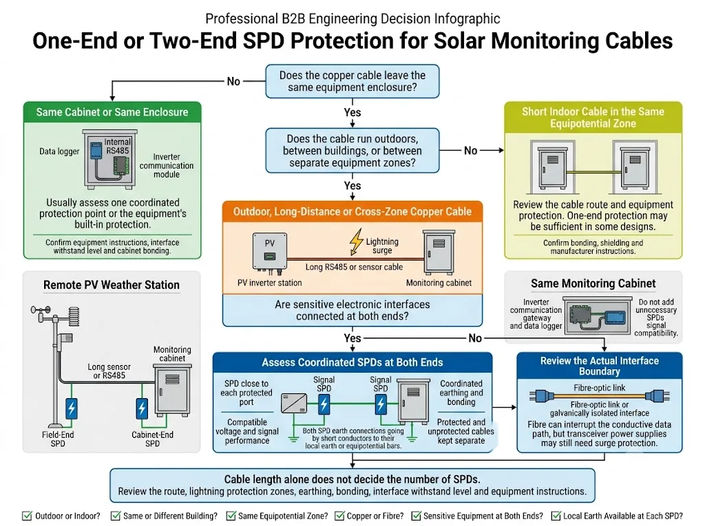 Decision guide for installing solar monitoring communication SPDs at one end or both ends of a cable