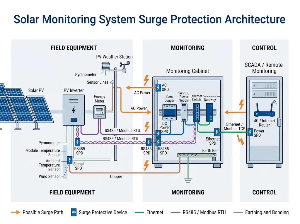 Solar monitoring system surge protection architecture showing power, RS485, Ethernet and sensor line SPD locations