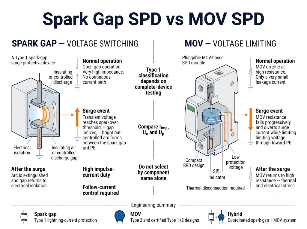 Spark gap SPD and MOV SPD structure comparison for Type 1 surge protection