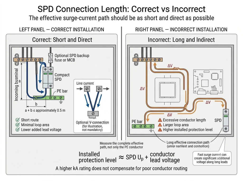 Correct and incorrect SPD connection length comparison showing the approximately 0.5 metre effective path