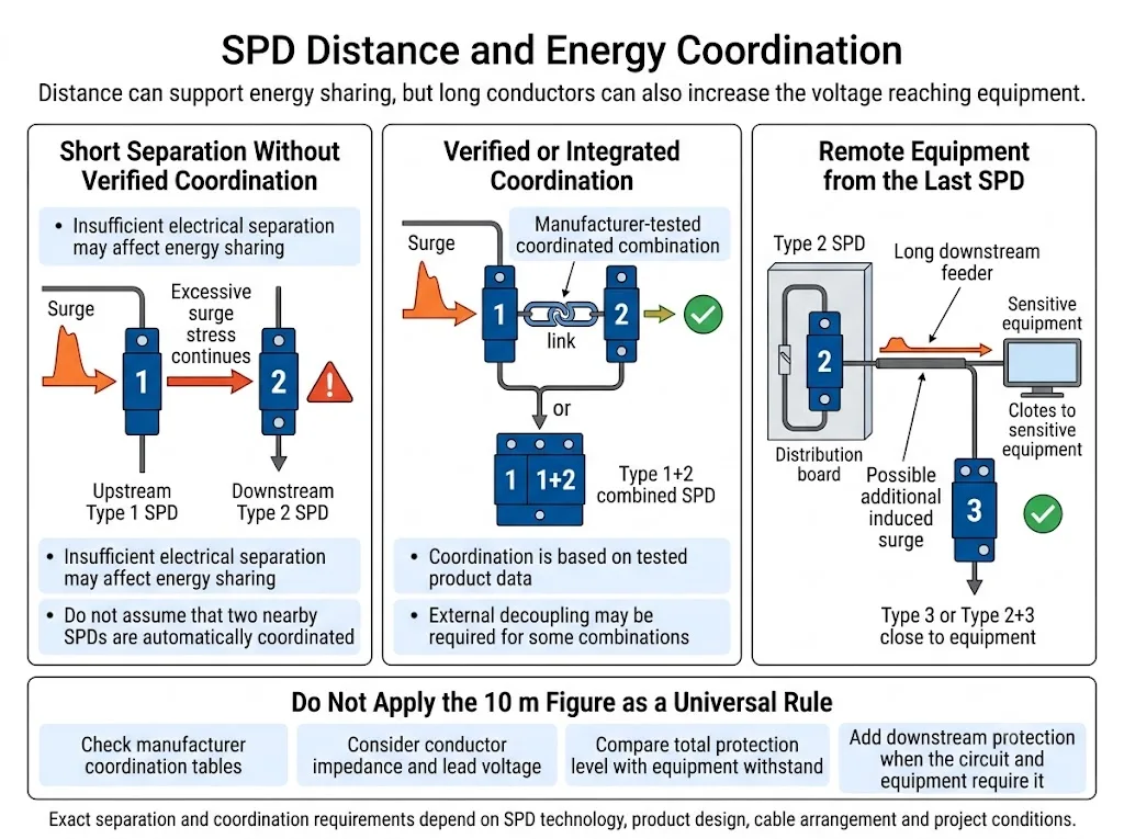 SPD distance and energy coordination comparison showing short separation, coordinated stages and remote equipment protection