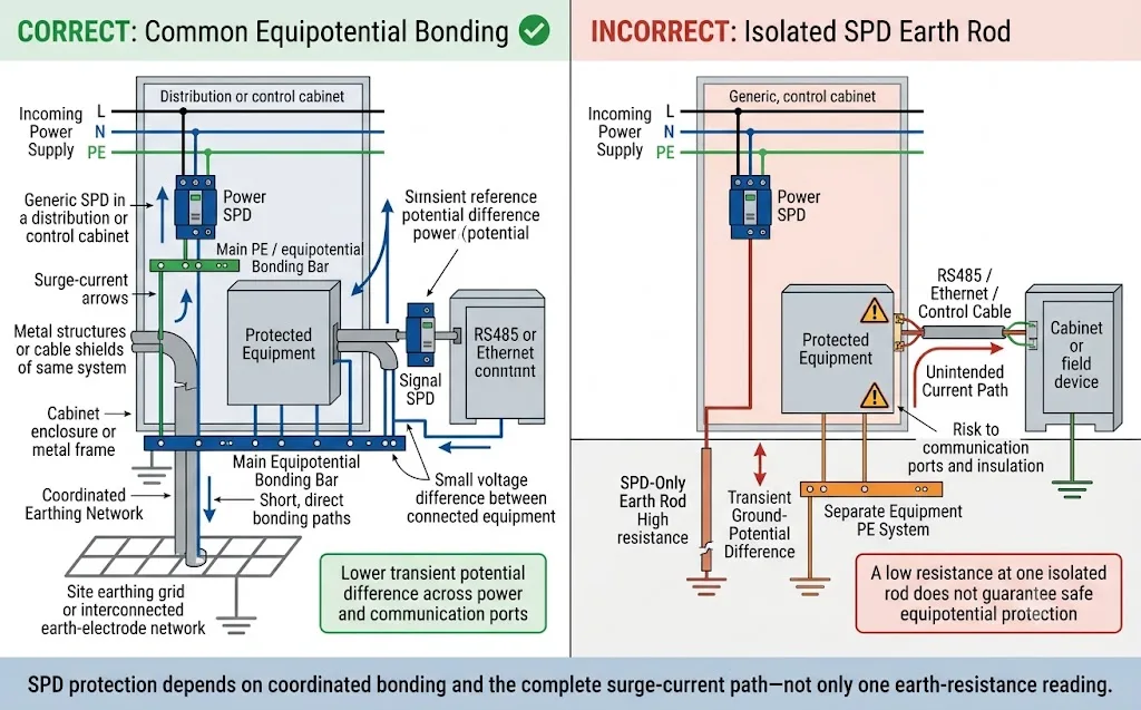 Correct SPD equipotential bonding compared with an incorrect isolated earth rod connection