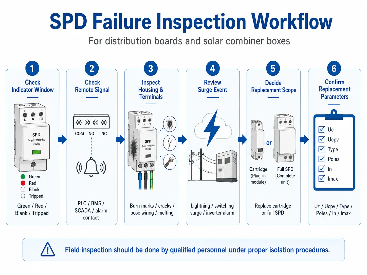 SPD failure inspection workflow for distribution boards and solar combiner boxes