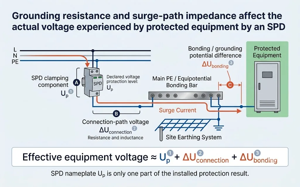 How grounding resistance and surge path impedance affect the effective voltage at protected equipment