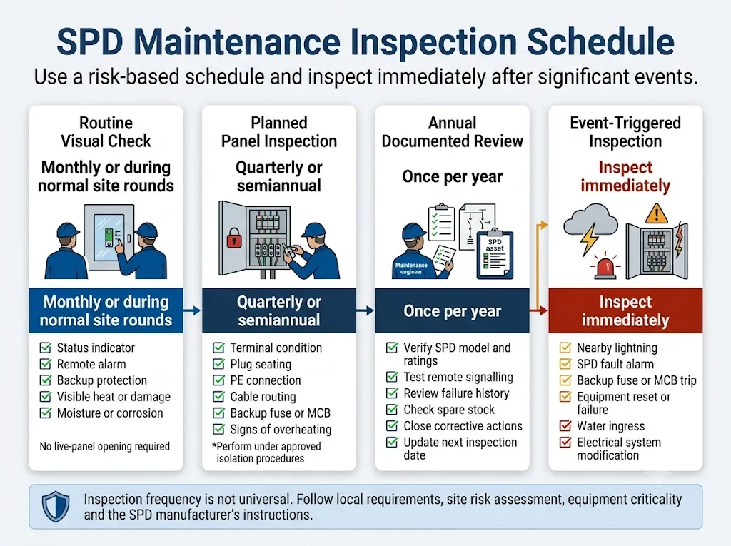 Recommended SPD maintenance inspection schedule with routine, planned, annual and event-triggered checks