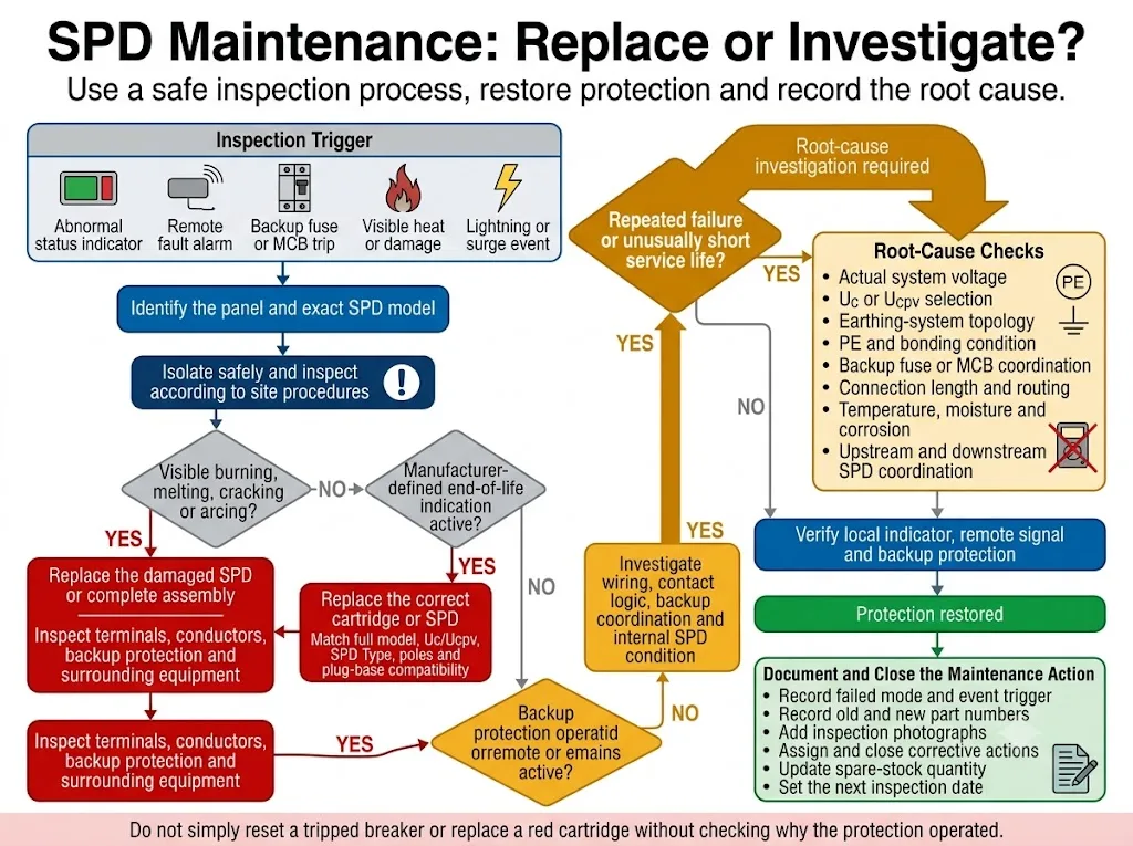 SPD maintenance decision flow for inspection, replacement and root-cause investigation