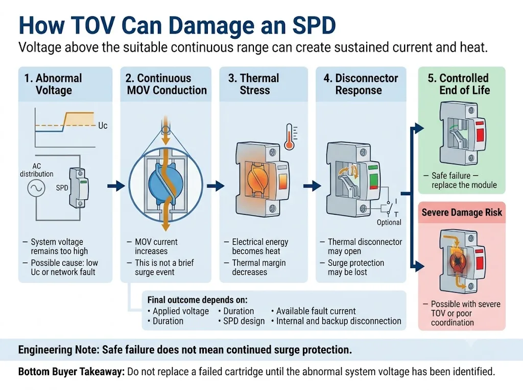 SPD temporary overvoltage failure mechanism from voltage above Uc to thermal disconnection or damage