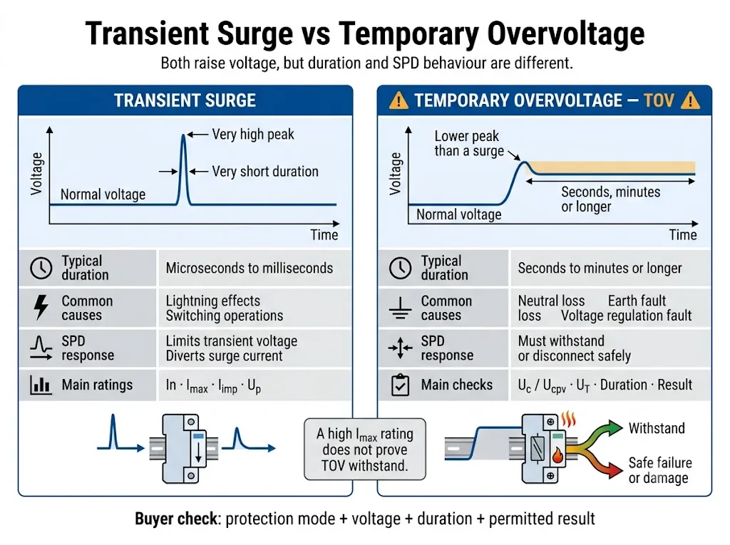 Comparison of transient surge and temporary overvoltage effects on a surge protective device