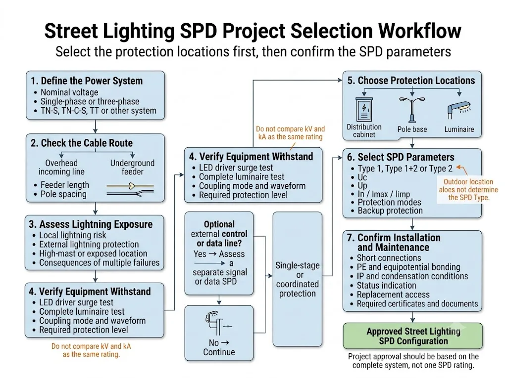 Engineering workflow for selecting SPD locations and specifications in an outdoor LED street lighting project