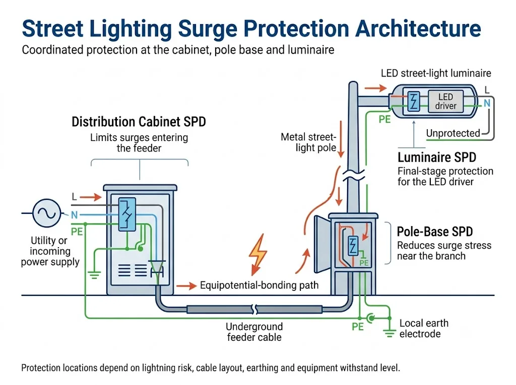 Coordinated surge protection architecture for a street lighting system with SPDs in the distribution cabinet, pole base and LED luminaire