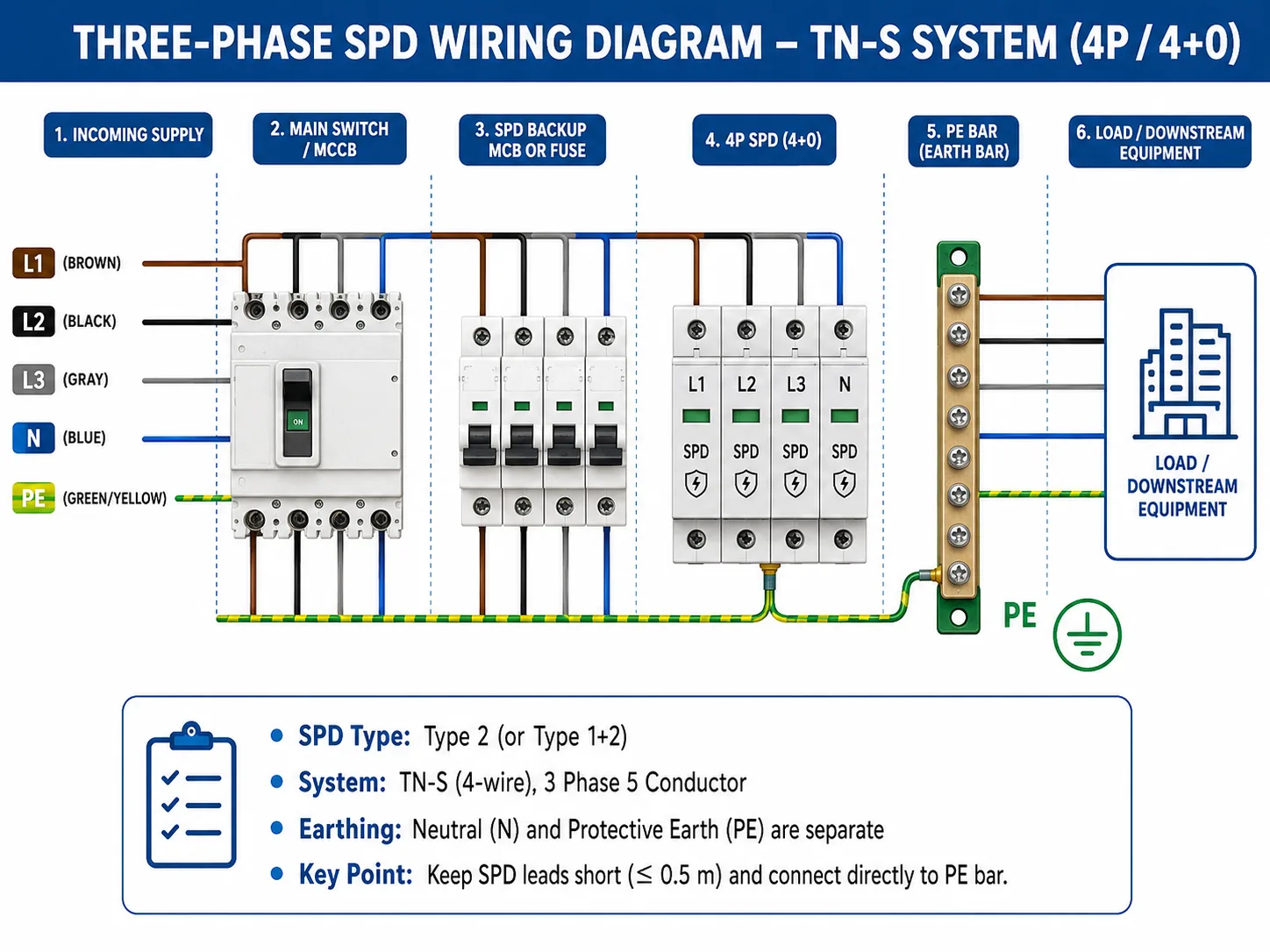 Three-phase SPD wiring diagram for TN-S distribution panel with L1 L2 L3 N and PE