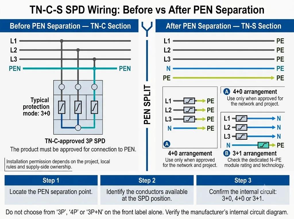 Comparison of SPD wiring before and after PEN separation in a three-phase TN-C-S system