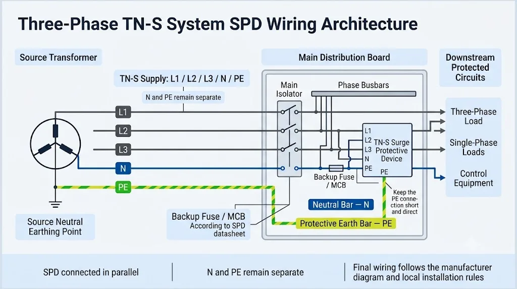 TN-S system SPD wiring architecture with separate L1 L2 L3 N and PE conductors