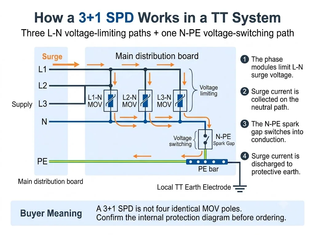 TT system 3+1 SPD architecture with three L-N MOV paths and one N-PE spark gap path