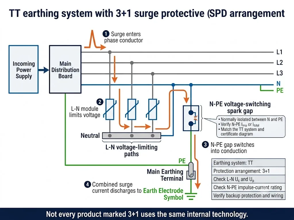 TT system 3 plus 1 SPD architecture with MOV phase paths and N-PE spark gap