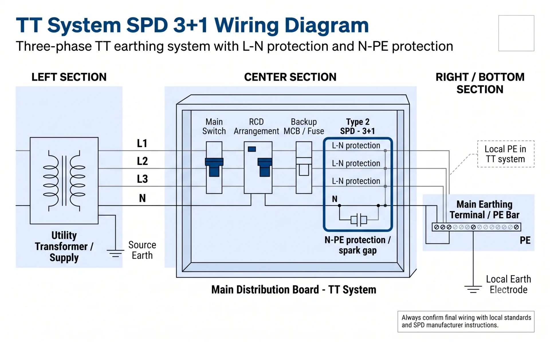 TT system SPD 3+1 wiring diagram with N-PE protection