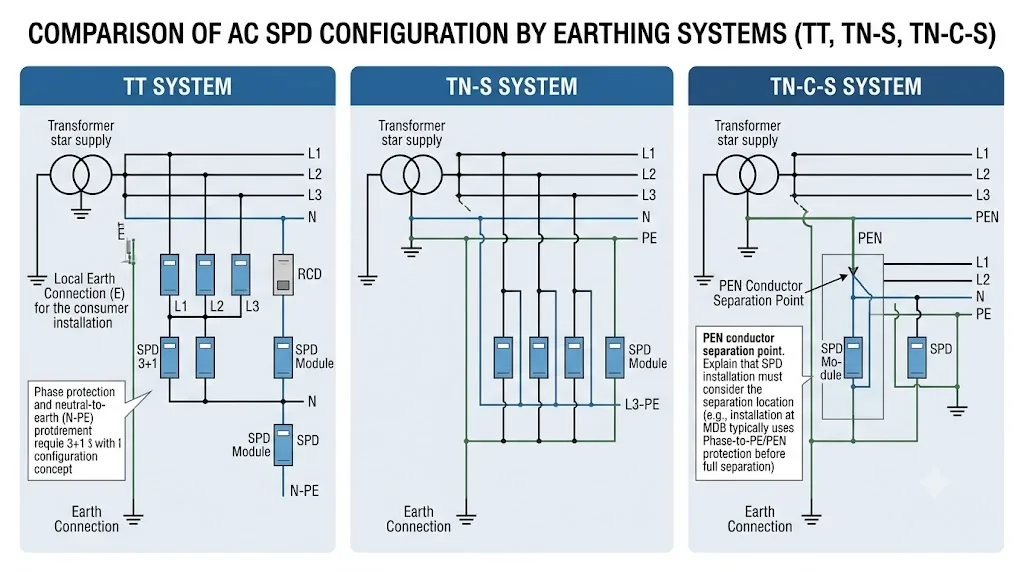 TT TN-S and TN-C-S earthing system AC SPD configuration selection flow for main distribution boards