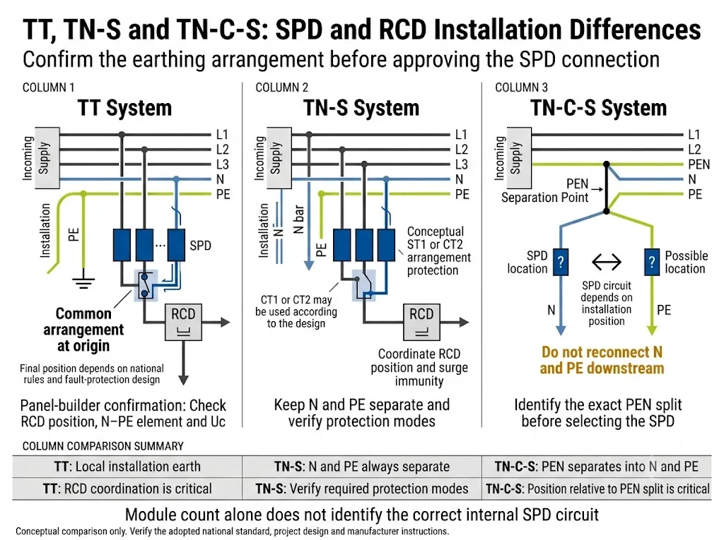 TT, TN-S and TN-C-S SPD and RCD arrangement comparison for low-voltage distribution panels