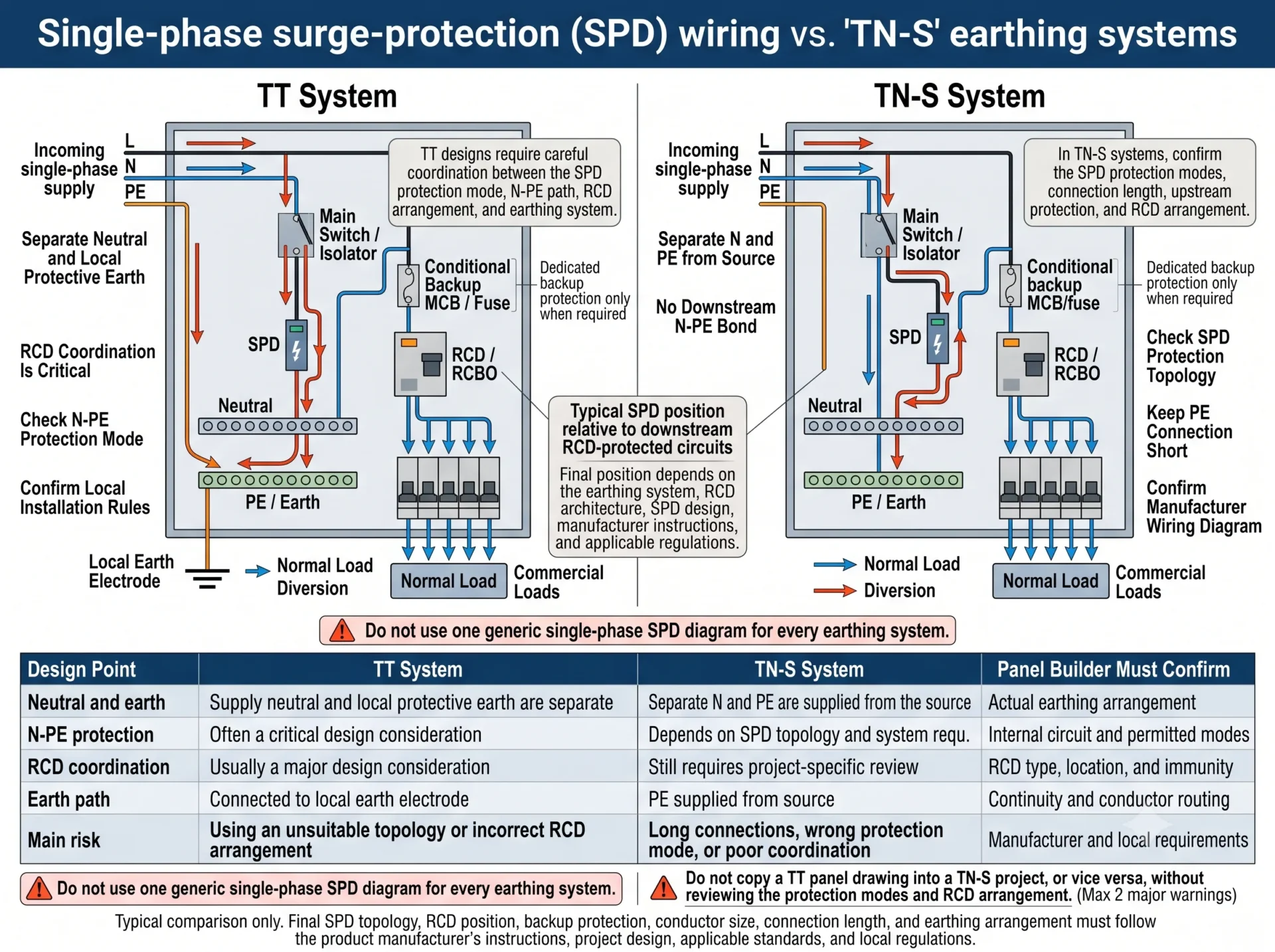 TT versus TN-S single phase SPD wiring comparison showing RCD backup MCB neutral and protective earth arrangements